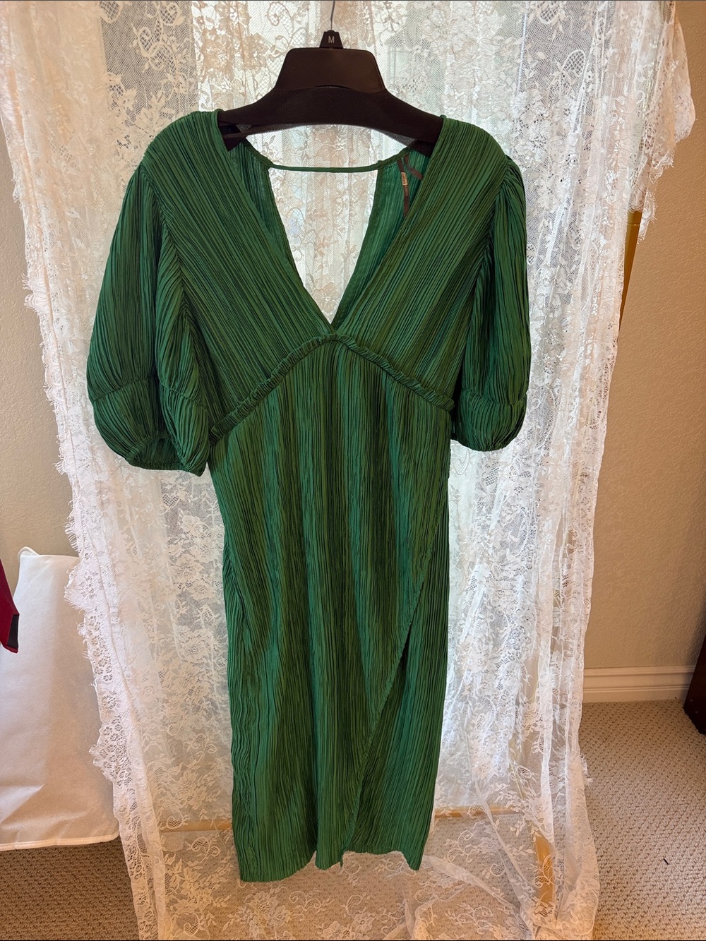 Anthropologie Emerald Green Pleated V-Neck Midi Dress